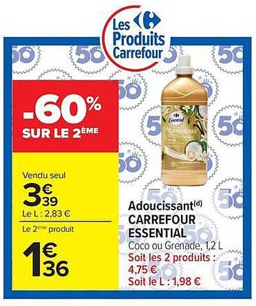 Adoucissant CARREFOUR ESSENTIAL Coco ou Grenade