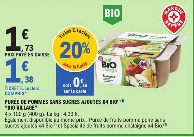 BIO VILLAGE Purée de pommes sans sucres ajoutés x4 Bio