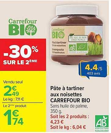 Carrefour BIO Pâte à tartiner aux noisettes