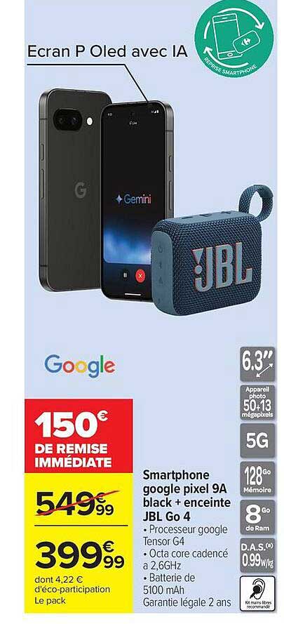 Smartphone google pixel 9A black + enceinte JBL Go 4