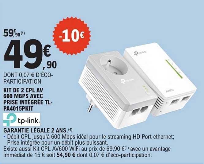 tp-link KIT DE 2 CPL AV 600 MBPS AVEC PRISE INTÉGRÉE TL-PA4015PKIT