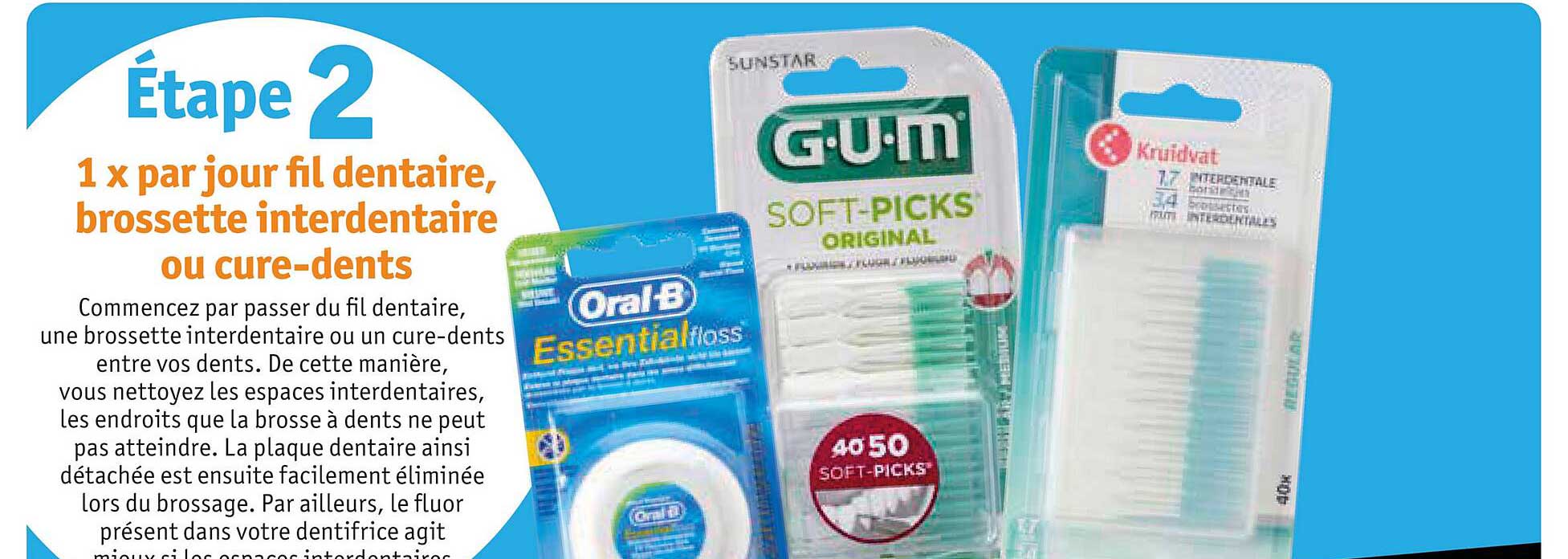 1 x par jour fil dentaire, brossette interdentaire ou cure-dents