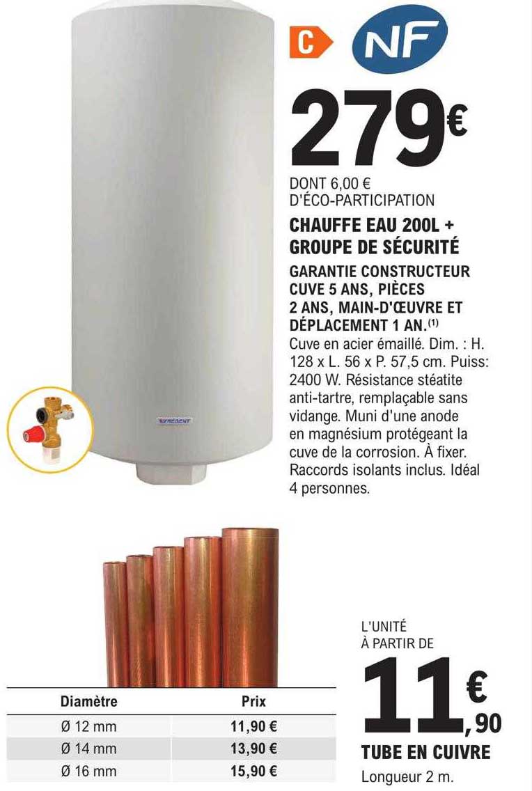 chauffe eau 200 l + groupe de sécurité