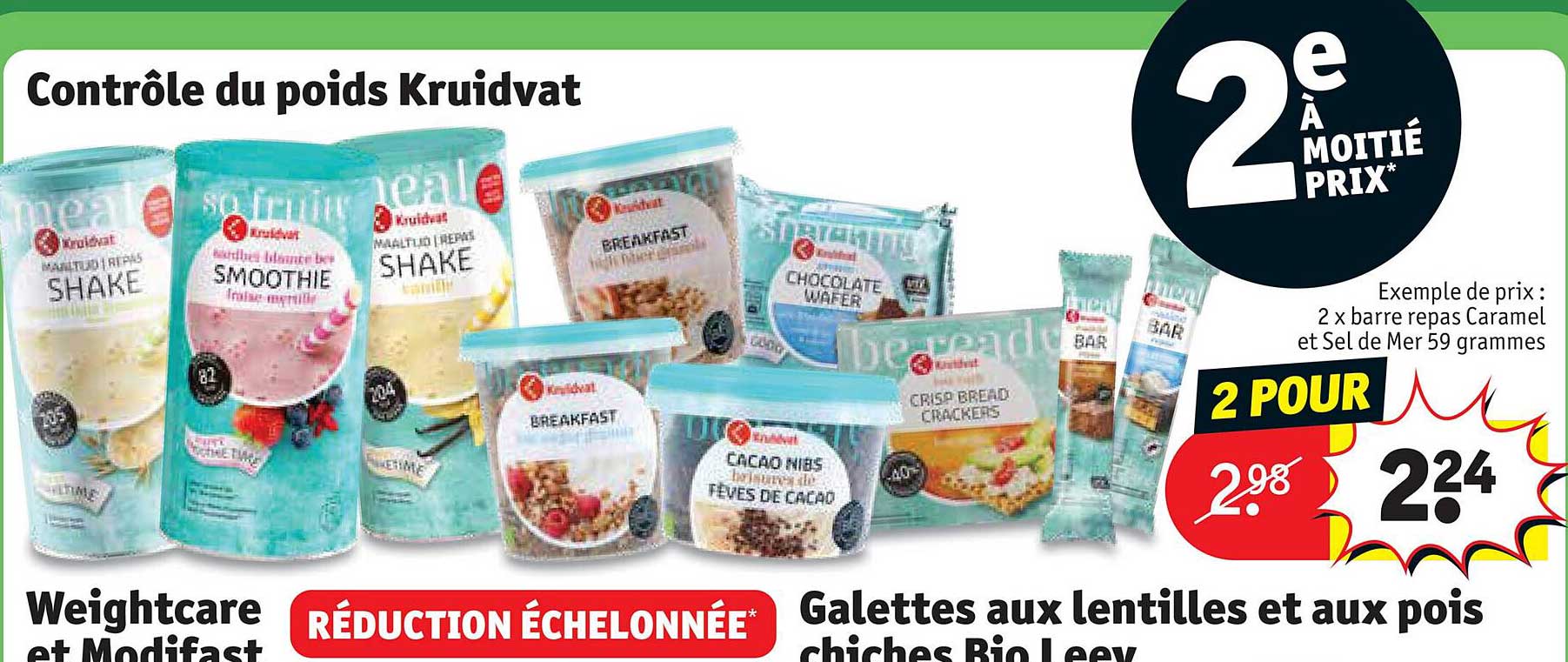 contrôle du poids kruidvat, weightcare et modifast, gallettes aux lentilles et aux pois chiches bio leev