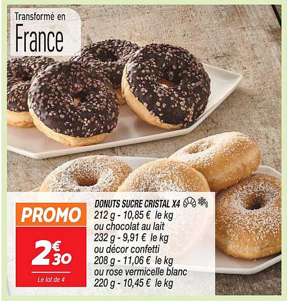 donuts sucre cristal x4 ou chocolat au lait ou décor confetti ou rose vermicelle blanc