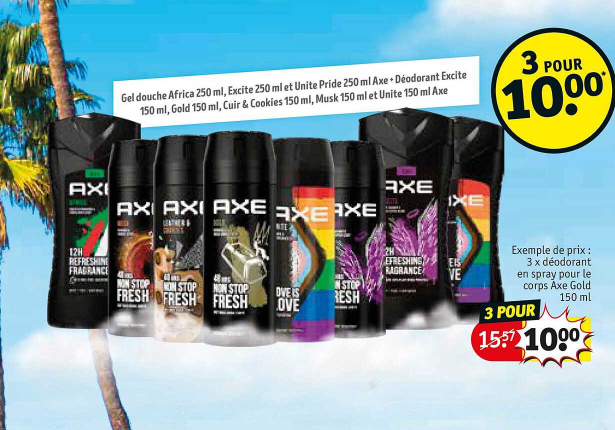 gel douche africa 250 ml, excite 250 ml et unite pride 250 ml axe + déodorant excite 150 ml, gold 150 ml, cuir & cookies 150 ml, musk 150 ml, et unite 150 ml axe