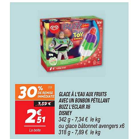 glace à l'eau aux fruits avec un bonbon pétillant buzz l'éclair x6 disney