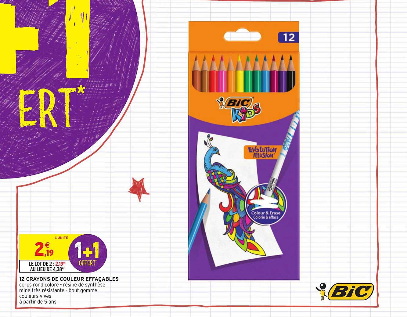 12 Crayons De Couleur Effaçables Bic 1+1 Offert