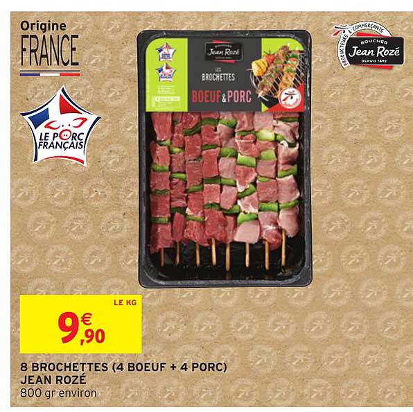 8 Brochettes (4 Boeuf + 4 Porc) Jean Rozé