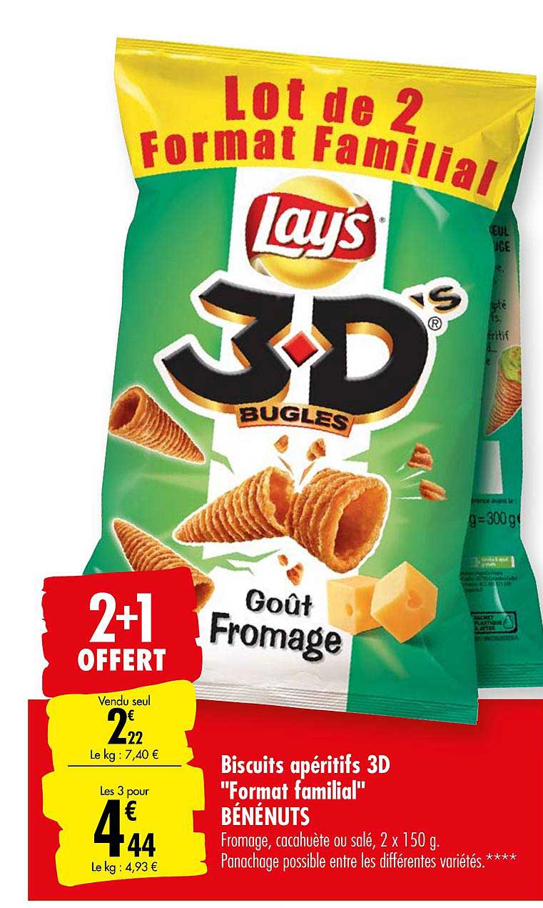 biscuits apéritifs 3d bugles lay's format familial bénénuts 2+1 offert