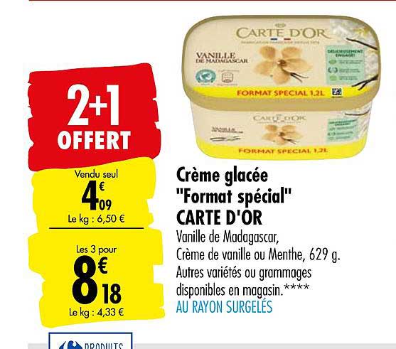 crème glacée format spécial carte d'or 2+1 offert