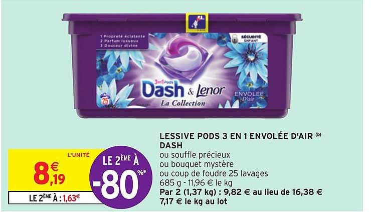 lessive pods 3 en 1 envolée d'air dash&lenor le 2ème à -80%