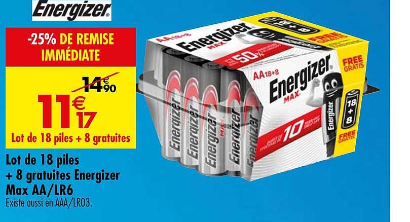 lot de 18 piles + 8 gratuites energizer max aa lr6