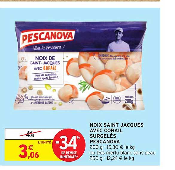 noix saint jacques avec corail surgelés pescanova -34% de remise immédiate