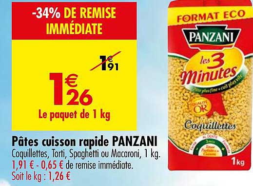 pâtes cuisson rapide les 3 minutes coquillettes panzani -34% de remise immédiate