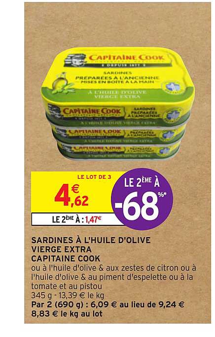 sardines à l'huile d'olive vierge extra capitaine cook le 2ème à -68%