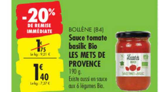 sauce tomate basilic bio les mets de provence -20% de remise immédiate