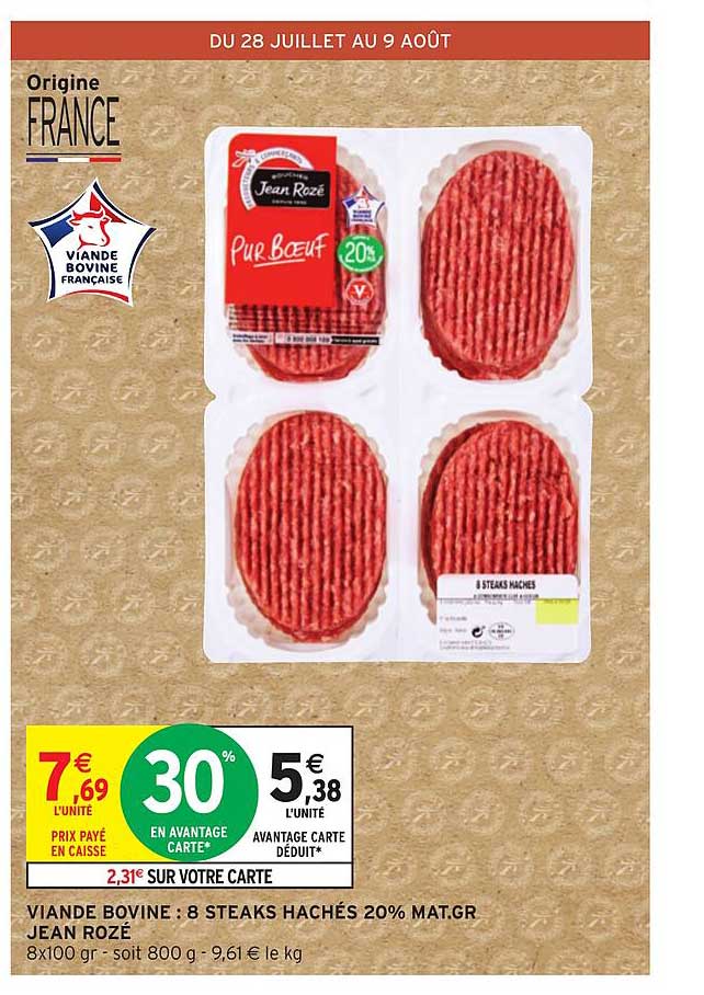 viande bovine 8 steaks hachés 20% mat.gr jean rozé