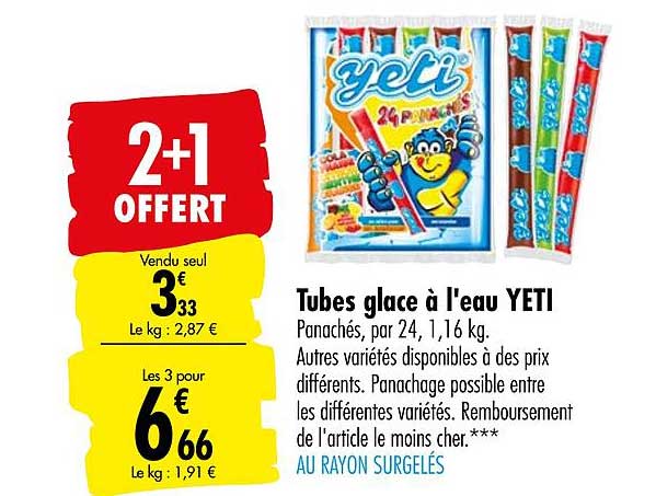 yeti tubes glace à l'eau 2+1 offert