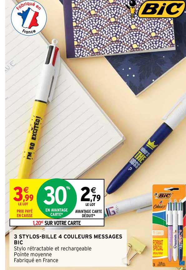 3 Stylos-bille 4 Couleurs Messages Bic