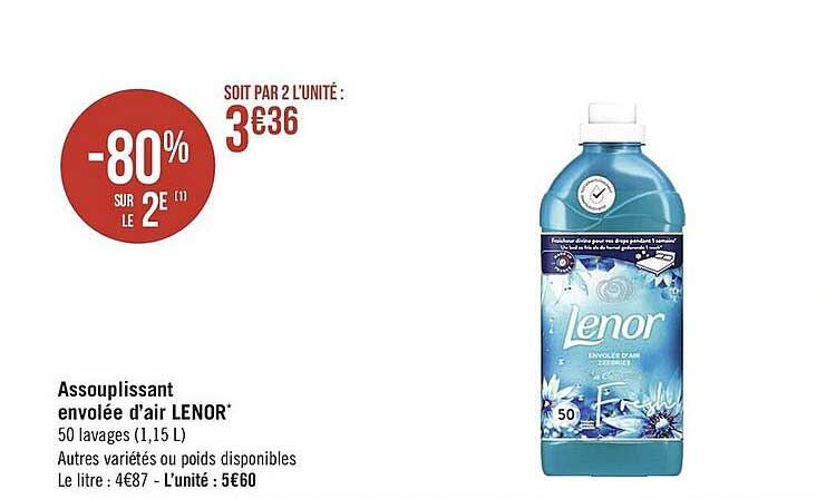 assouplissant envolée d'air lenor -80% sur le 2e
