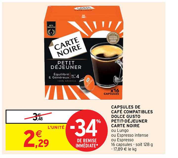 capsules de café compatibles dolce gusto petit-déjeuner carte noire
