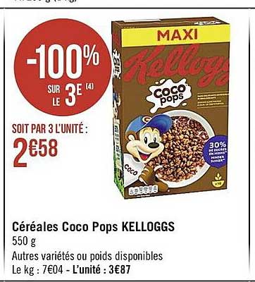 céréales coco pops kelloggs -100% sur le 3e