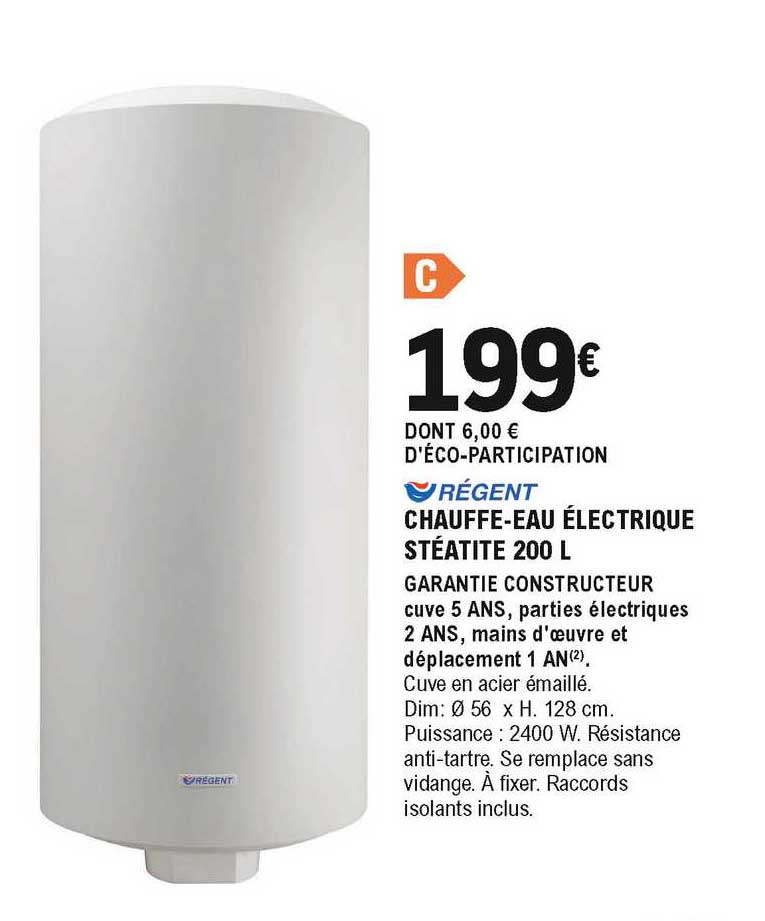 chauffe-eau électrique stéatite 200 l régent