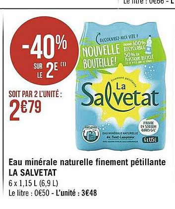 eau minérale naturelle finement pétillante la salvetat -40% sur le 2e