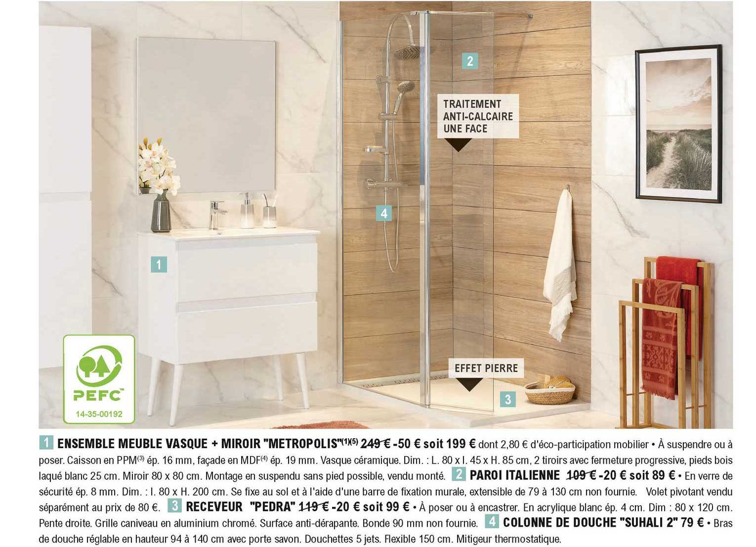 ensemble meuble vasque + miroir "metropolis", parois italienne, receveur "pedra", colonne de douche "suhali 2"