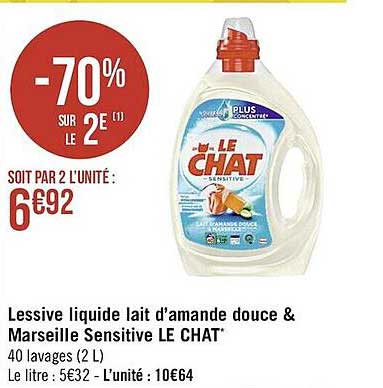 lessive liquide lait d'amande douce & marseille sensitive le chat -70% sur le 2e