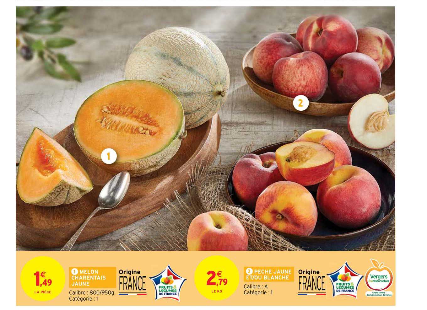 melon charentais jaune, pêche jaune et-ou blanche