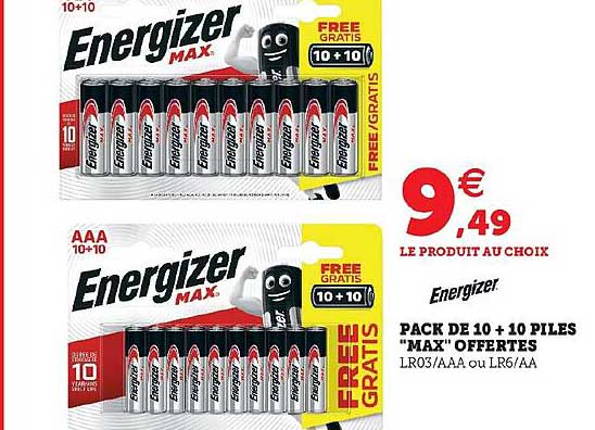 pack de 10 + 10 piles "max" offertes energizer