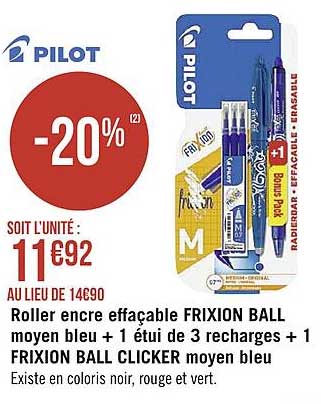 Roller Encre Effaçable Frixion Ball Moyen Bleu + 1 étui De 3 Recharges + 1 Frixion Ball Clicker Moyen Bleu