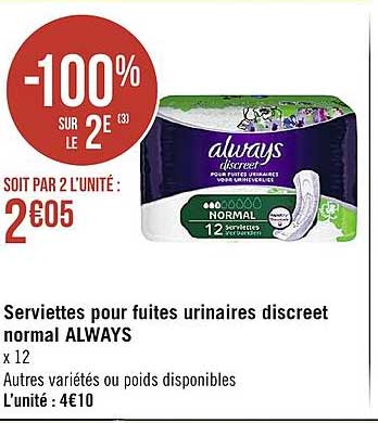serviettes pour fuites urinaires discreet normal always