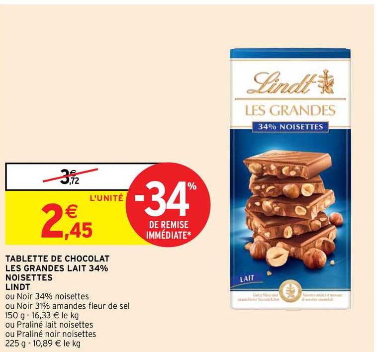 tablette de chocolat les grandes lait 34% noisettes lindt