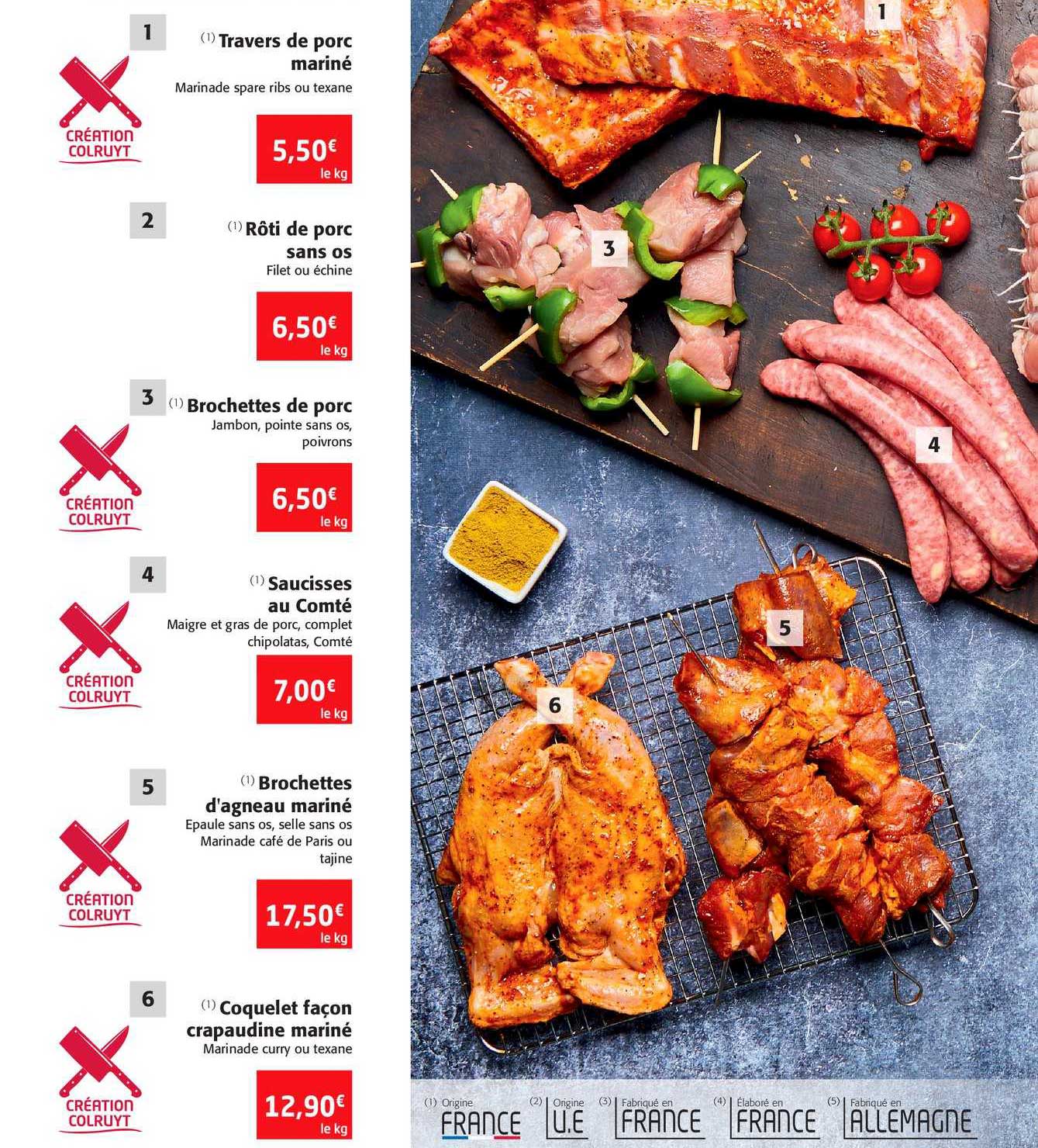 travers de porc mariné, rôti de porc sans os, brochettes de porc, saucisses au comté, brochettes d'agneau mariné, coquelet façon crapaudine mariné