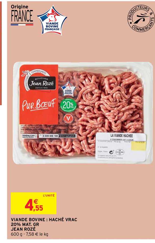viande bovine : haché vrac 20% mat. gr. jean rozé