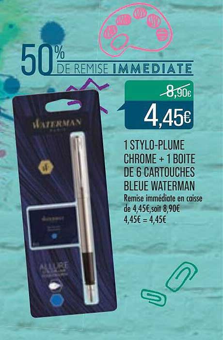 1 stylo-plume chrome + 1 boîte de 6 cartouches bleue waterman
