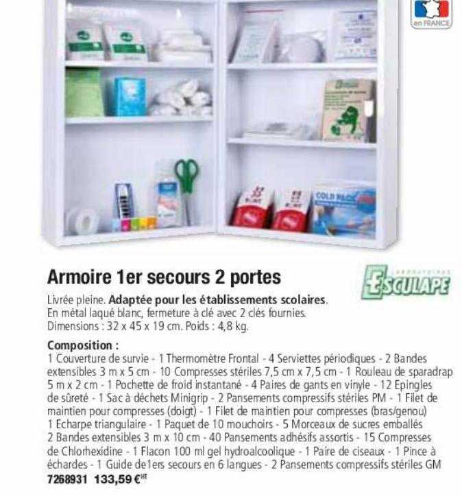 armoire 1er secours 2 portes esculape