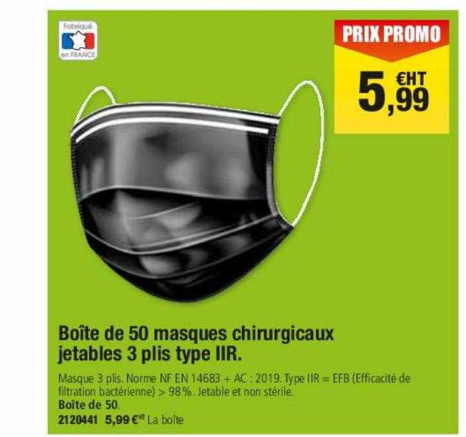 boîte de 50 masques chirurgicaux jetables 3 plis type IIR.