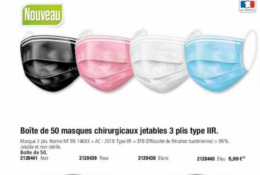 boîte de 50 masques chirurgicaux jetables 3 plis type IIR