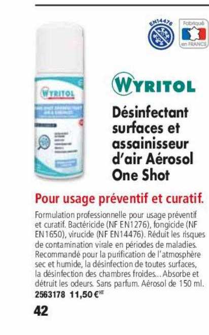 désinfectant surfaces et assainisseur d'air aérosol one shot