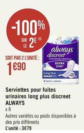 serviettes pour fuites urinaires long plus descreet always