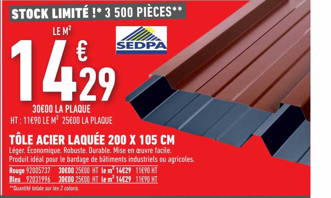 tôle acier laquée 200 x 105 cm sedpa