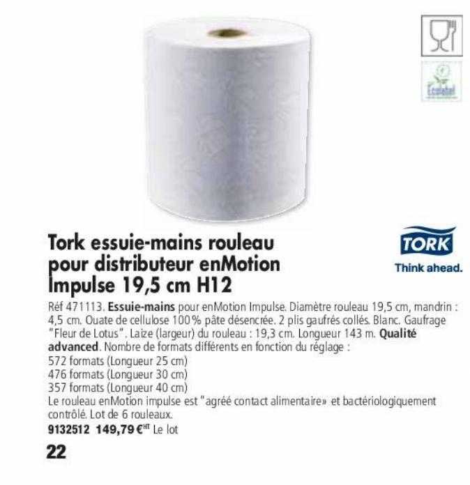 tork essuie-mains rouleau pour distributeur enMotion impulse 19,5 cm h12