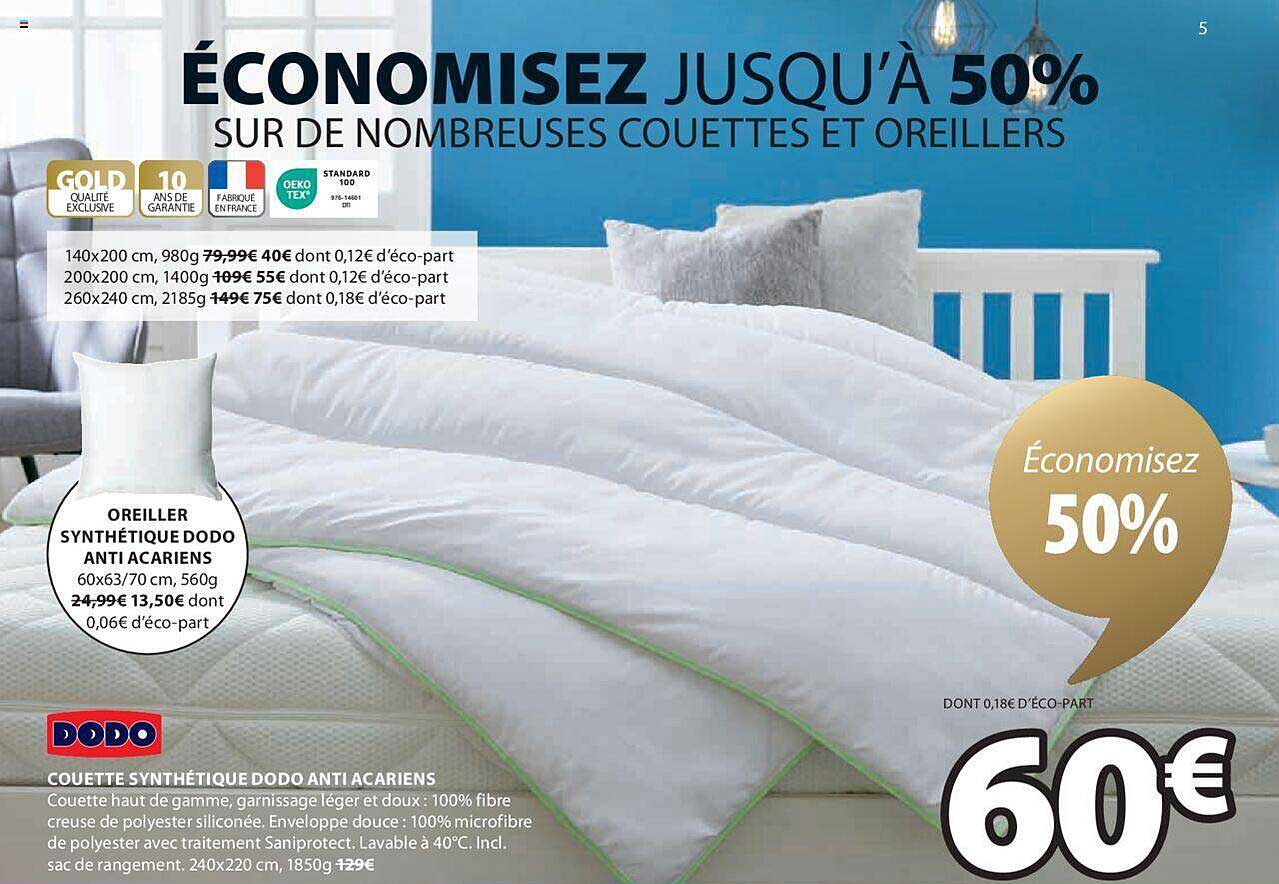 couette synthétique dodo anti acariens, oreiller synthétique dodo anti acariens