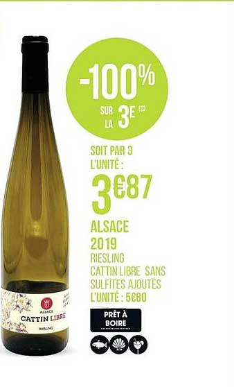alsace 2019 riesling cattin libre sans sulfites ajoutés -100% sur la 3e