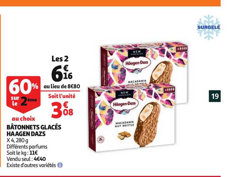 bâtonnets glacés haagen dazs 60% sur le 2ème au choix
