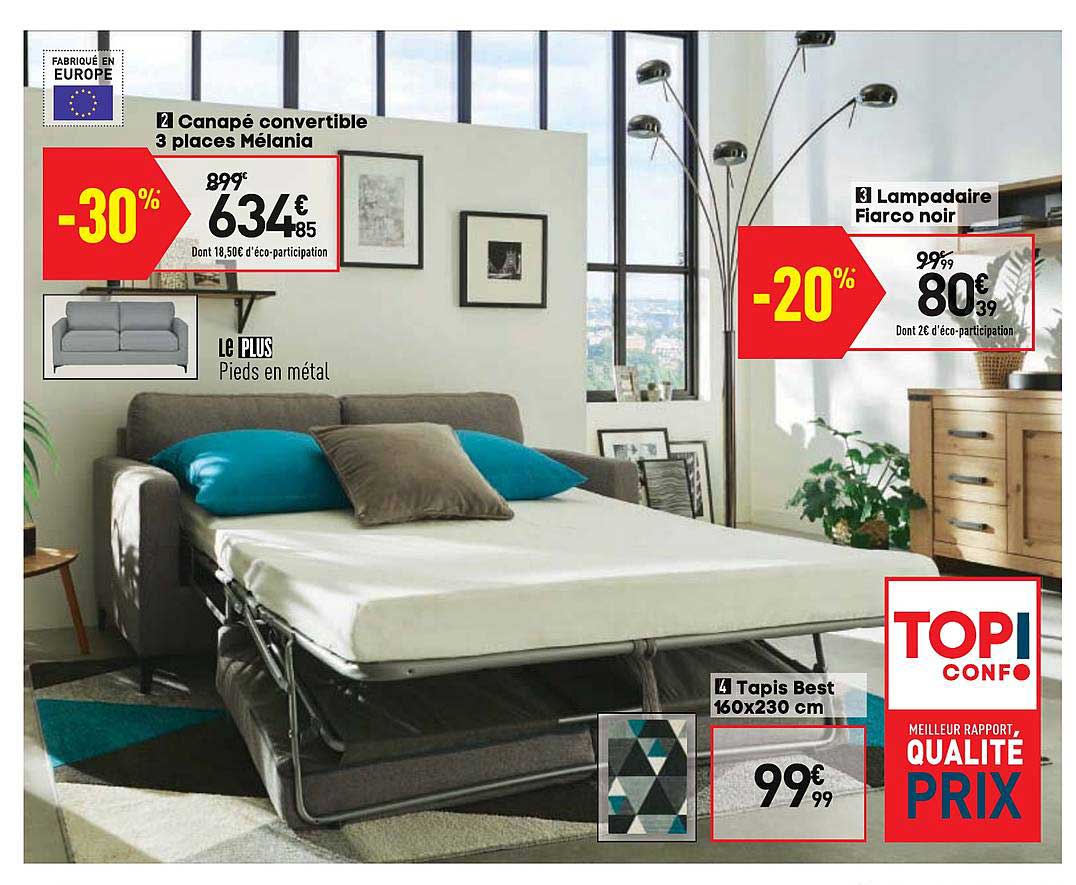 canapé convertible 3 places mélania lampadaire fiarco noir c